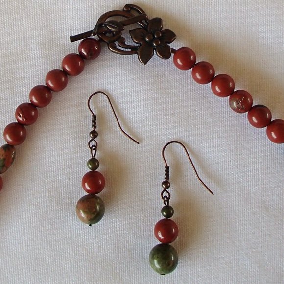 Jasper Unakite Copper Necklace Earrings Set Overlapping Discs Beads Flower Clasp - Picture 2 of 11